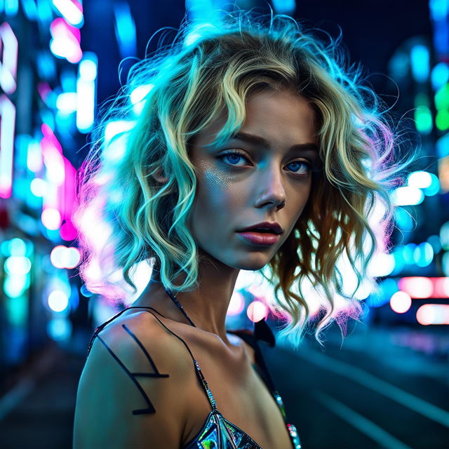 Close-up shot of a young blonde model in a futuristic techno-punk city, taken with a Phase One XF IQ4 150MP and a Phase One Macro f/4