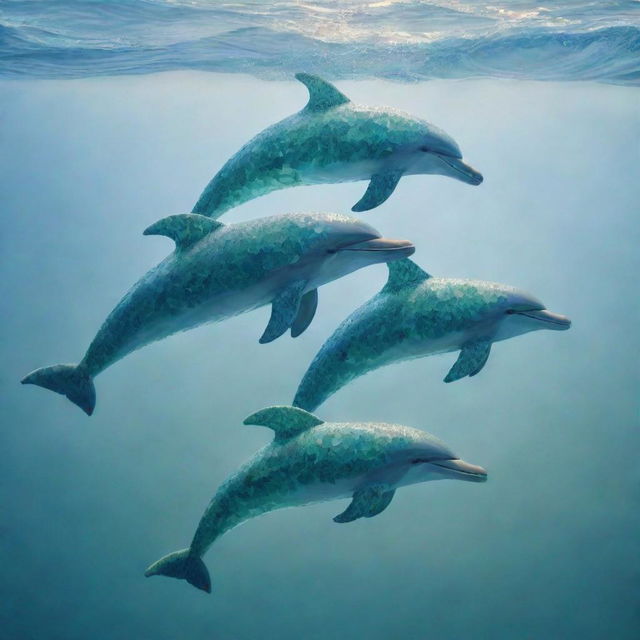 A detailed artwork of dolphins created entirely out of vibrant, shimmering sea-glass, glistening as they leap above the ocean waves