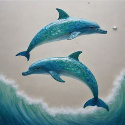 A detailed artwork of dolphins created entirely out of vibrant, shimmering sea-glass, glistening as they leap above the ocean waves