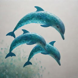 A detailed artwork of dolphins created entirely out of vibrant, shimmering sea-glass, glistening as they leap above the ocean waves