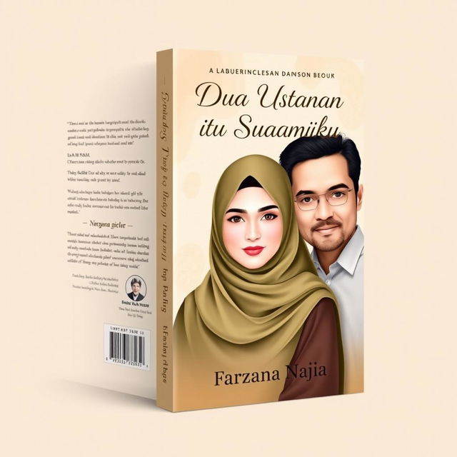 A book cover design with dimensions 144px by 256px featuring two men and one woman, where the woman is wearing a hijab and niqab