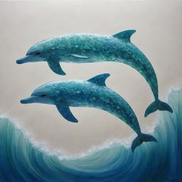 A detailed artwork of dolphins created entirely out of vibrant, shimmering sea-glass, glistening as they leap above the ocean waves