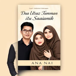 A book cover design with dimensions 144px by 256px featuring two men and one woman, where the woman is wearing a hijab and niqab