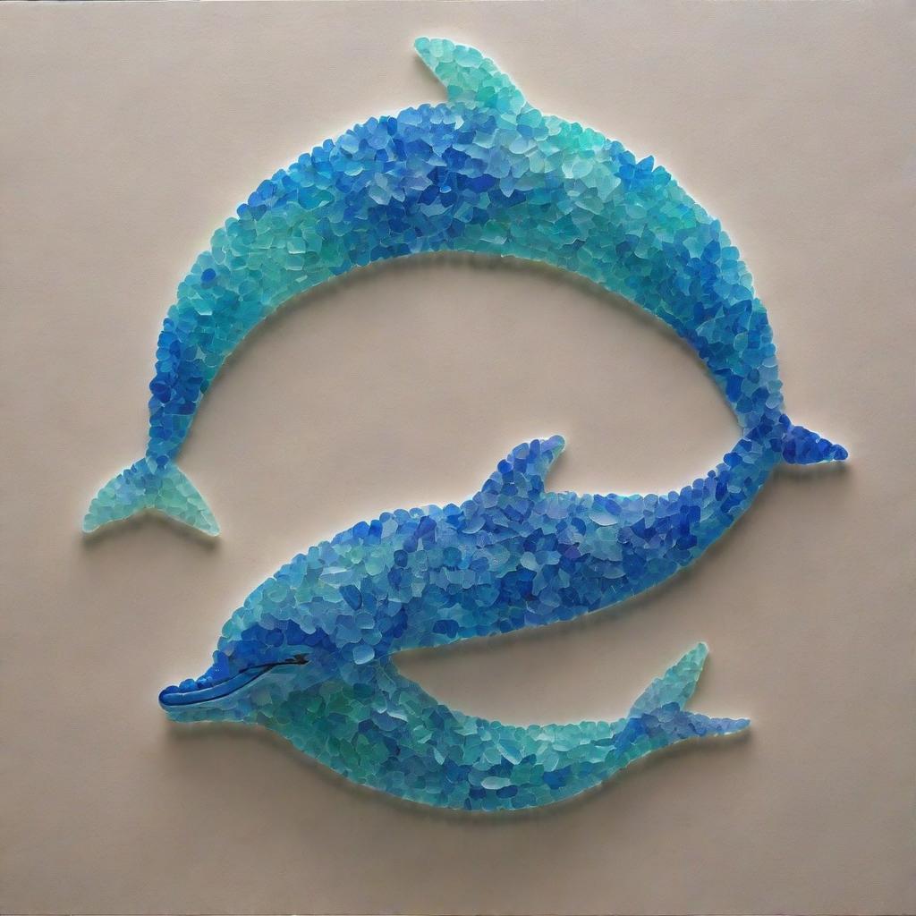 Create an artwork of playful dolphins formed entirely out of shimmering, multicolored sea glass, set against a deep blue ocean background