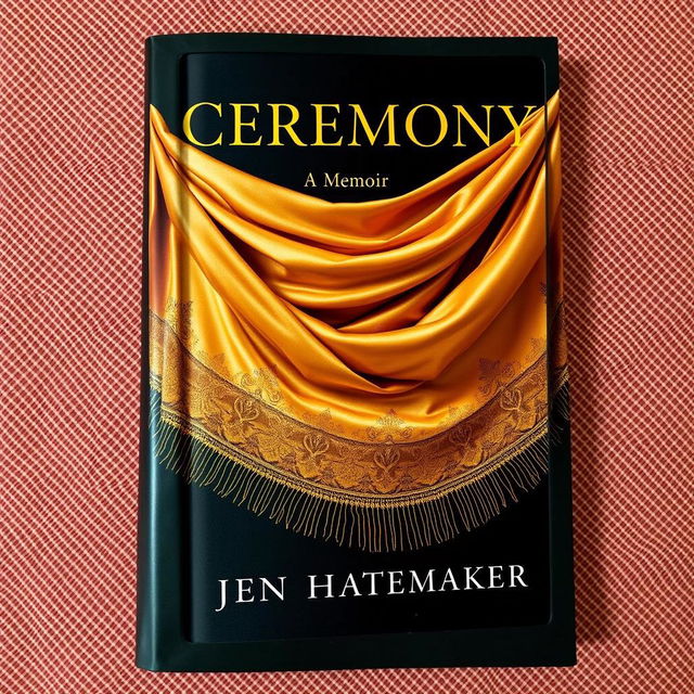 A captivating book cover design for 'Ceremony: A Memoir' by Jen Hatmaker, featuring rich gold and maroon rebozos draped elegantly