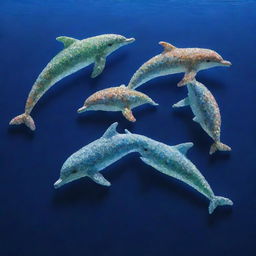 Create an artwork of playful dolphins formed entirely out of shimmering, multicolored sea glass, set against a deep blue ocean background