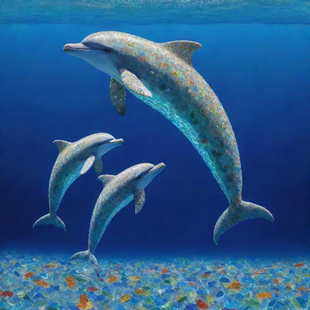 Create an artwork of playful dolphins formed entirely out of shimmering, multicolored sea glass, set against a deep blue ocean background