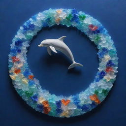 Create an artwork of playful dolphins formed entirely out of shimmering, multicolored sea glass, set against a deep blue ocean background