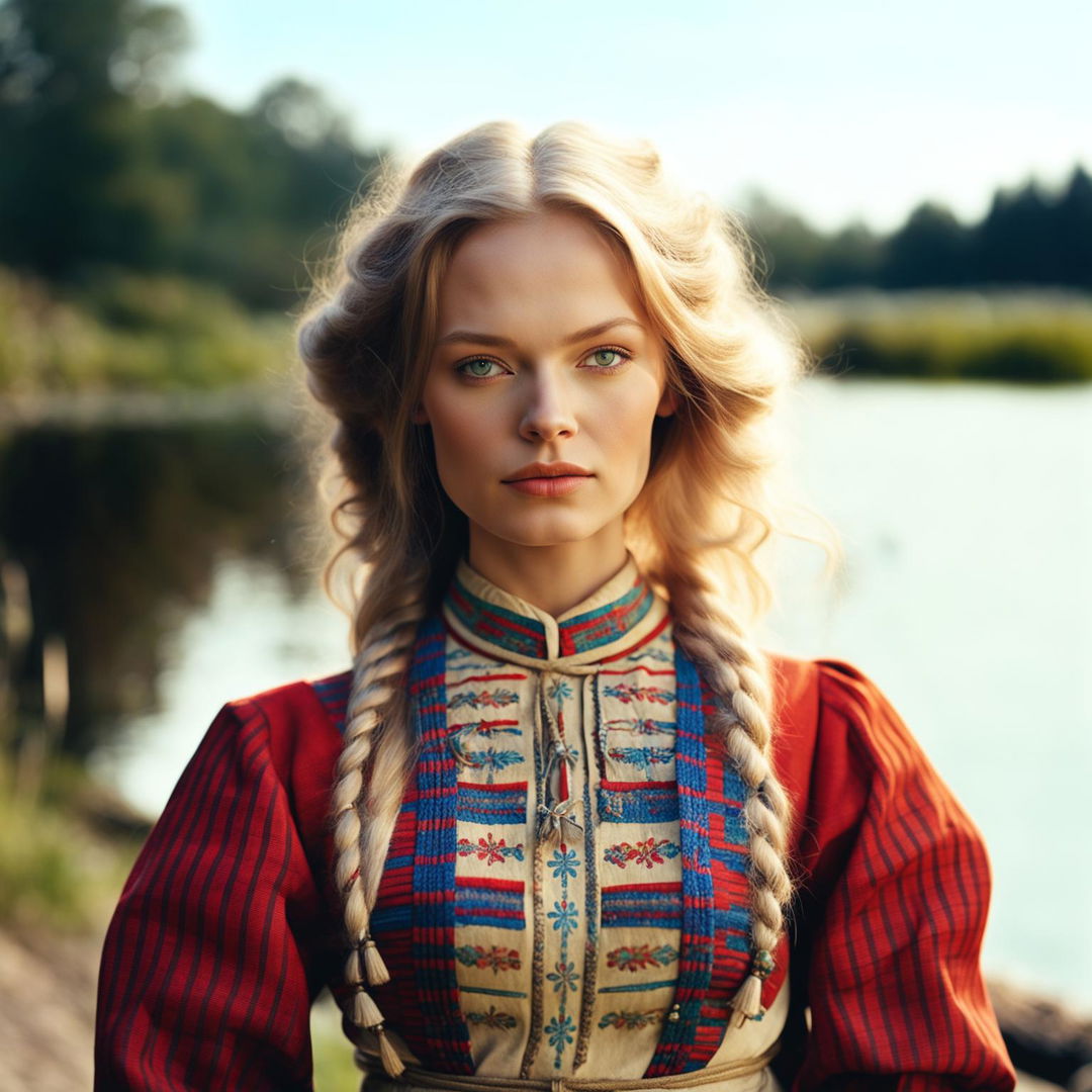 Digital portrait of a beautiful Estonian-European woman with blue eyes and golden hair, dressed in traditional Estonian attire against a blurred backdrop of an Estonian landscape