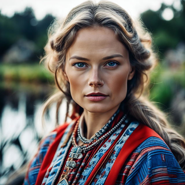 Close-up digital portrait of a beautiful Estonian-European woman with blue eyes and golden hair, captured with a Phase One XF IQ4 150MP camera and a Phase One Macro 120mm f/4