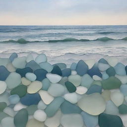 An artwork of a serene ocean scene, intricately created using various shades and shapes of sea glass.