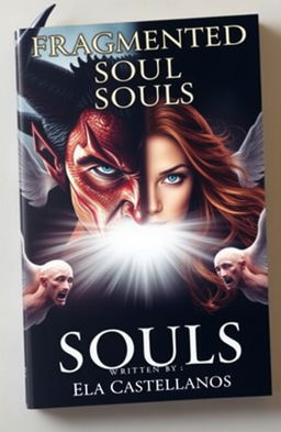 A striking book cover depicting a half demonic, half human man embodying darkness, with piercing blue eyes, facing a radiant woman of light who has flowing brown hair and serene almond-colored eyes