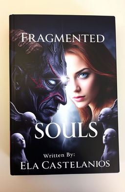 A striking book cover depicting a half demonic, half human man embodying darkness, with piercing blue eyes, facing a radiant woman of light who has flowing brown hair and serene almond-colored eyes