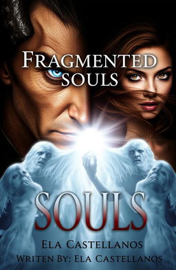 A striking book cover depicting a half demonic, half human man embodying darkness, with piercing blue eyes, facing a radiant woman of light who has flowing brown hair and serene almond-colored eyes