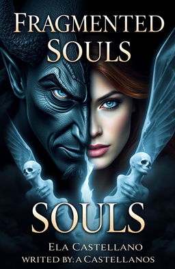 A striking book cover depicting a half demonic, half human man embodying darkness, with piercing blue eyes, facing a radiant woman of light who has flowing brown hair and serene almond-colored eyes