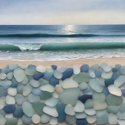 An artwork of a serene ocean scene, intricately created using various shades and shapes of sea glass.