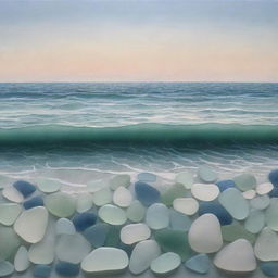 An artwork of a serene ocean scene, intricately created using various shades and shapes of sea glass.