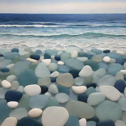 An artwork of a serene ocean scene, intricately created using various shades and shapes of sea glass.