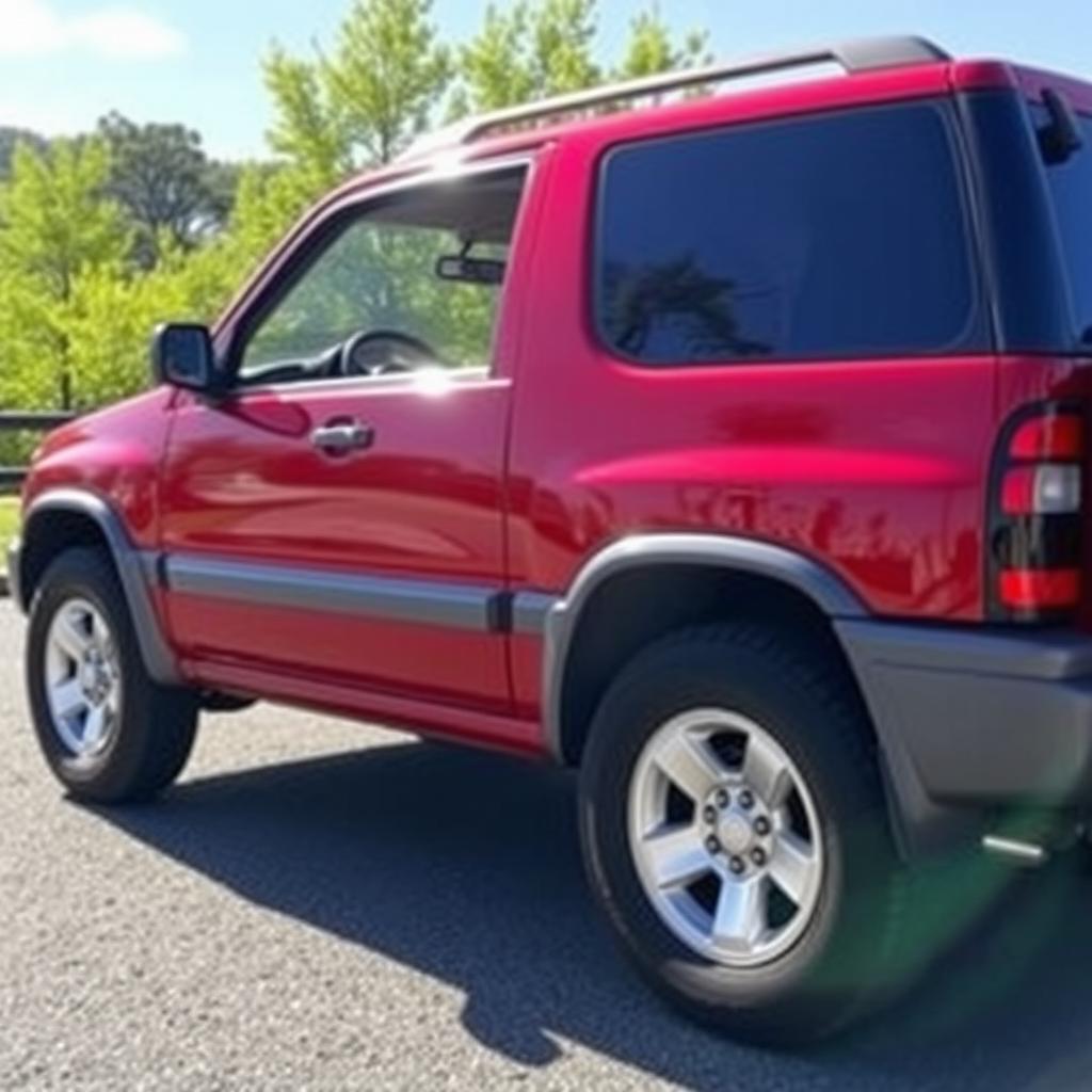 A shiny red 2000 Chevy Grand Vitara, showcasing its four-door design