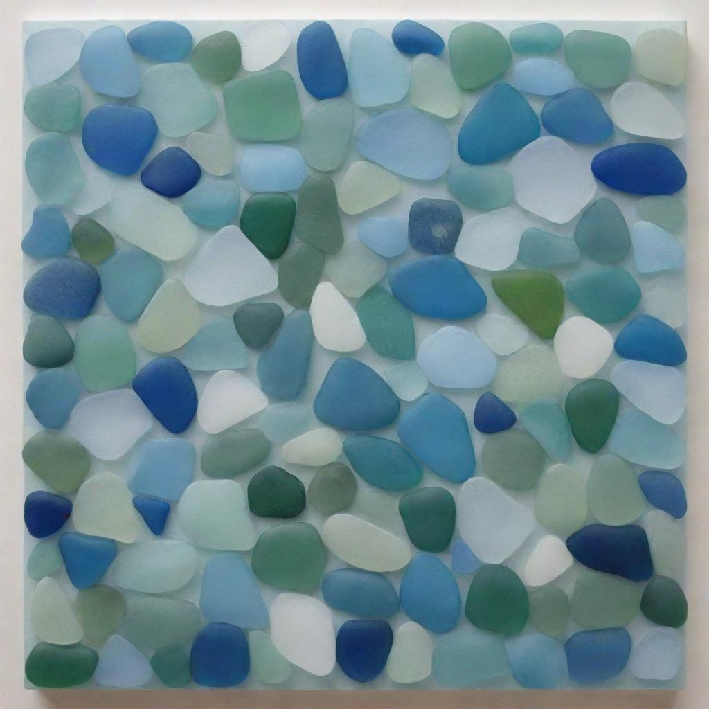 Artwork depicting the ocean, intricately composed of various pieces of sea glass in different shades of blue, green, and aquamarine