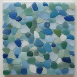 Artwork depicting the ocean, intricately composed of various pieces of sea glass in different shades of blue, green, and aquamarine