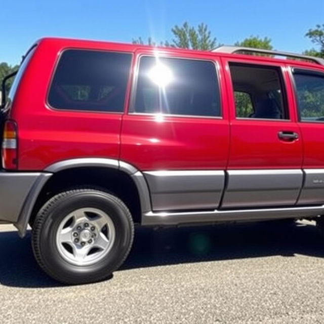 A shiny red 2000 Chevy Grand Vitara, showcasing its four-door design