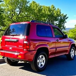 A shiny red 2000 Chevy Grand Vitara, showcasing its four-door design