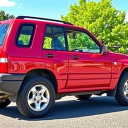 A shiny red 2000 Chevy Grand Vitara, showcasing its four-door design
