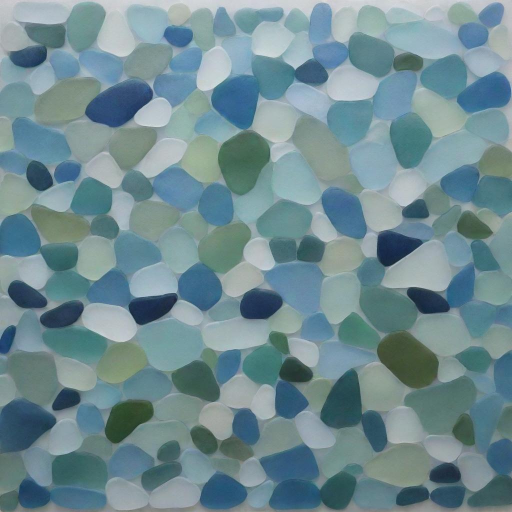 Artwork depicting the ocean, intricately composed of various pieces of sea glass in different shades of blue, green, and aquamarine