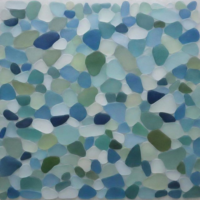 Artwork depicting the ocean, intricately composed of various pieces of sea glass in different shades of blue, green, and aquamarine