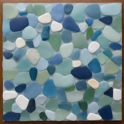 Artwork depicting the ocean, intricately composed of various pieces of sea glass in different shades of blue, green, and aquamarine