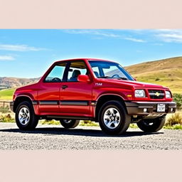 A vibrant red 2000 Chevy Grand Vitara, featuring its four-door layout