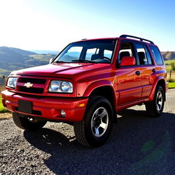 A vibrant red 2000 Chevy Grand Vitara, featuring its four-door layout