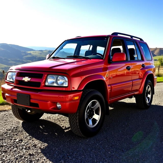 A vibrant red 2000 Chevy Grand Vitara, featuring its four-door layout