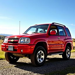 A vibrant red 2000 Chevy Grand Vitara, featuring its four-door layout