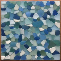 Artwork depicting the ocean, intricately composed of various pieces of sea glass in different shades of blue, green, and aquamarine