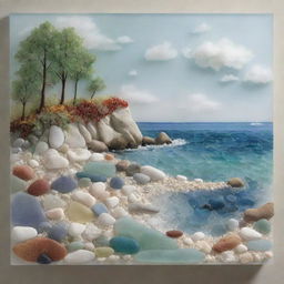 Generate an exquisite artwork showcasing a picturesque landscape, artistically made entirely from multicolored sea glass pieces