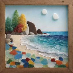 Generate an exquisite artwork showcasing a picturesque landscape, artistically made entirely from multicolored sea glass pieces