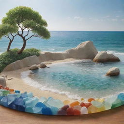 Generate an exquisite artwork showcasing a picturesque landscape, artistically made entirely from multicolored sea glass pieces