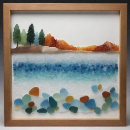 Generate an exquisite artwork showcasing a picturesque landscape, artistically made entirely from multicolored sea glass pieces