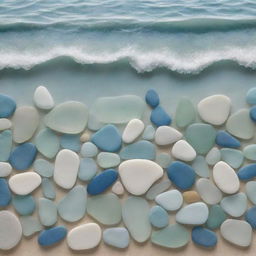 Generate a detailed artwork showing the serene beauty of the ocean, composed solely from beautifully assorted sea glass pieces