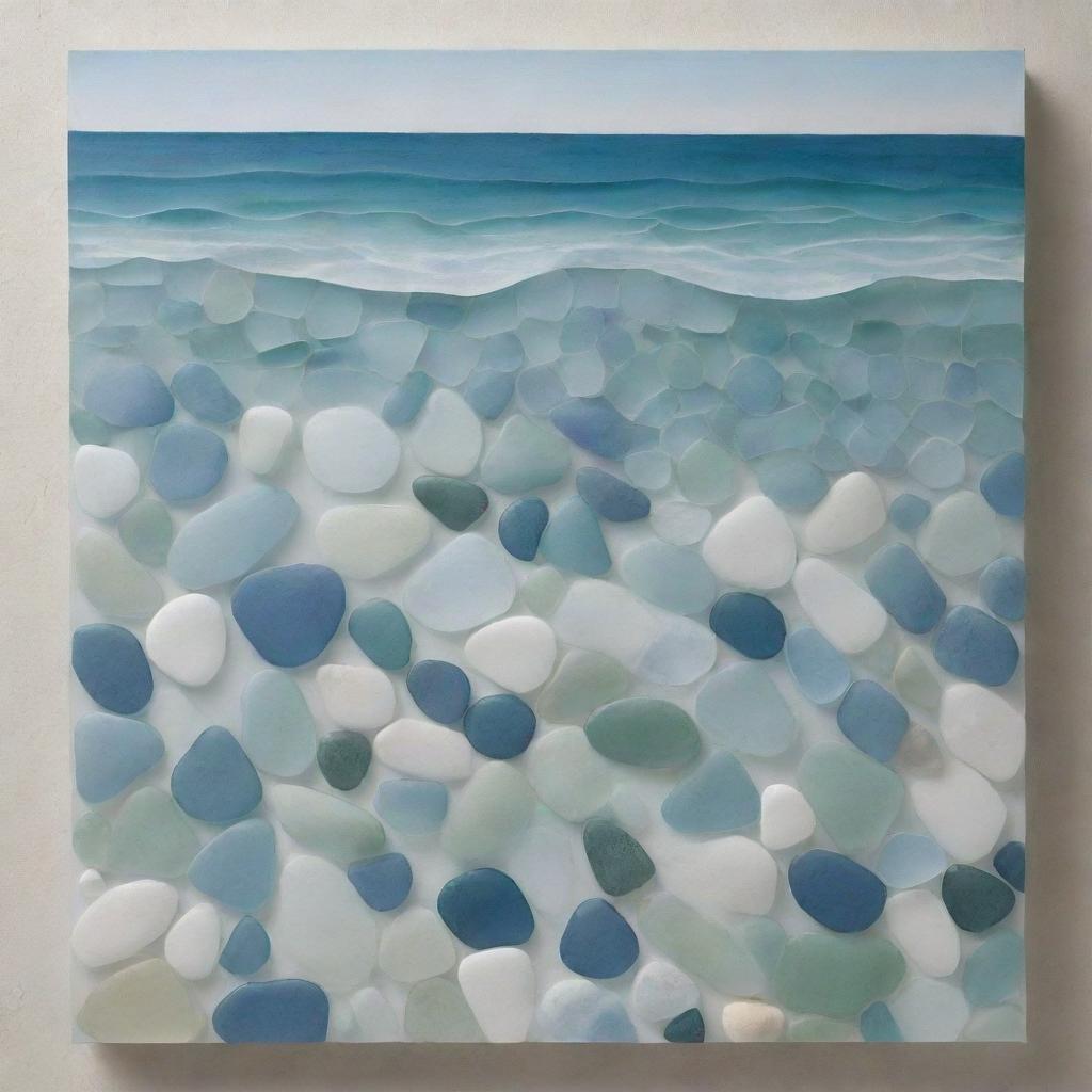 Generate a detailed artwork showing the serene beauty of the ocean, composed solely from beautifully assorted sea glass pieces