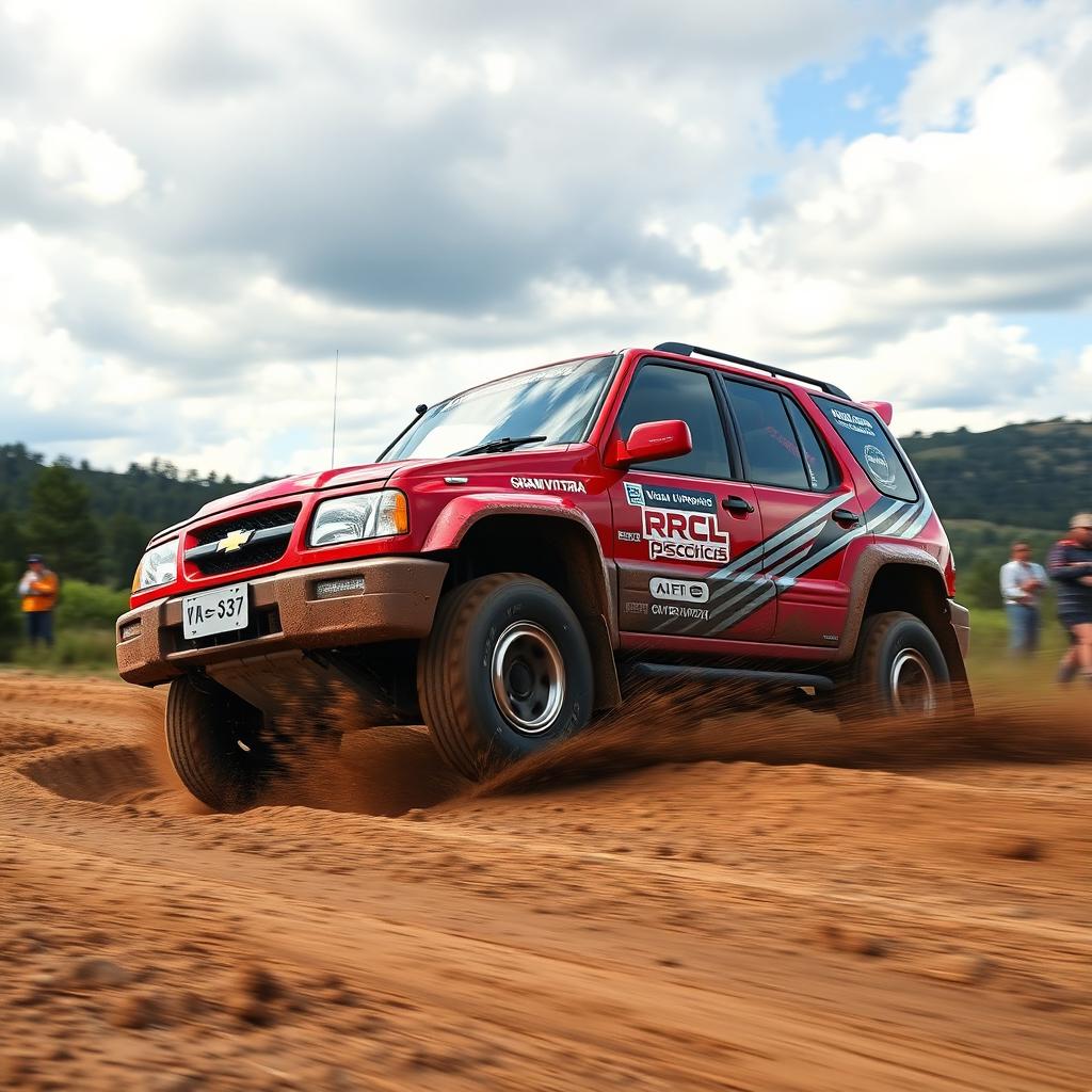 A striking red 2000 Chevy Grand Vitara, inspired by World Rally Championship (WRC) themes, featuring its four-door design