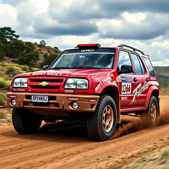 A striking red 2000 Chevy Grand Vitara, inspired by World Rally Championship (WRC) themes, featuring its four-door design