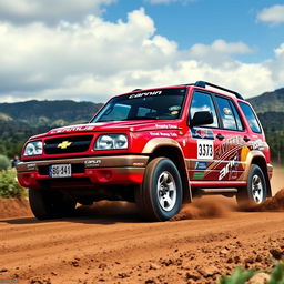 A striking red 2000 Chevy Grand Vitara, inspired by World Rally Championship (WRC) themes, featuring its four-door design