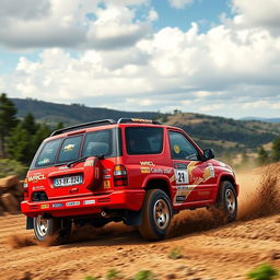 A striking red 2000 Chevy Grand Vitara, inspired by World Rally Championship (WRC) themes, featuring its four-door design