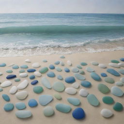 Generate a detailed artwork showing the serene beauty of the ocean, composed solely from beautifully assorted sea glass pieces