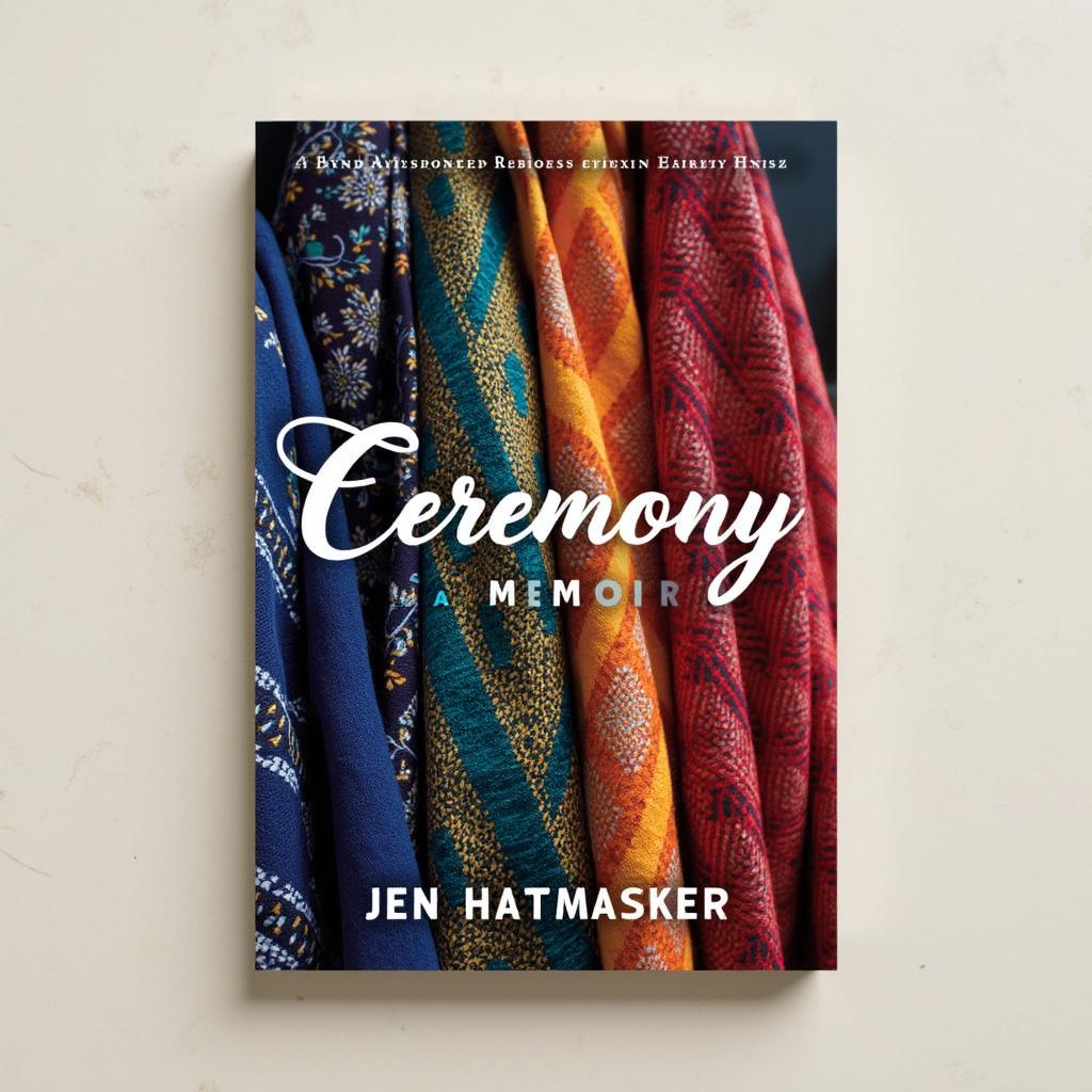 A captivating book cover design for "Ceremony: A Memoir" by Jen Hatmaker, featuring intricately woven rebozos, beautifully displayed in vibrant colors and patterns