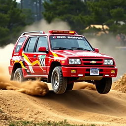 A dynamic red 2000 Chevy Grand Vitara, inspired by World Rally Championship (WRC) aesthetics, displaying its four-door configuration