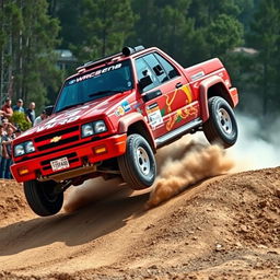 A dynamic red 2000 Chevy Grand Vitara, inspired by World Rally Championship (WRC) aesthetics, displaying its four-door configuration